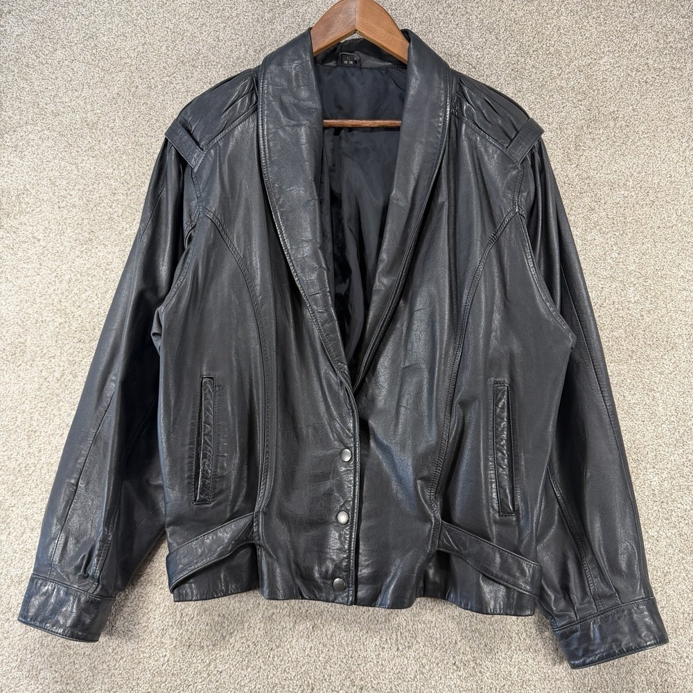 VTG Leather Jacket Women's L‎ 16/18 Black Moto Bomber Biker Grunge Goth Pleated